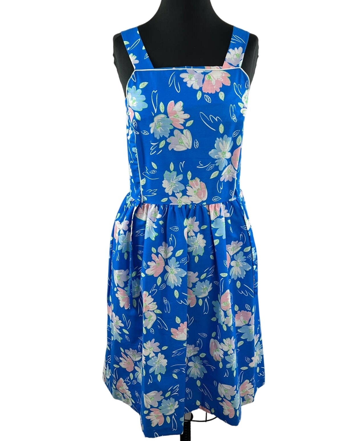 60 70 Vintage Komar Blue Floral Square Neck Sleeveles Side Tie Fit Flare Dress S